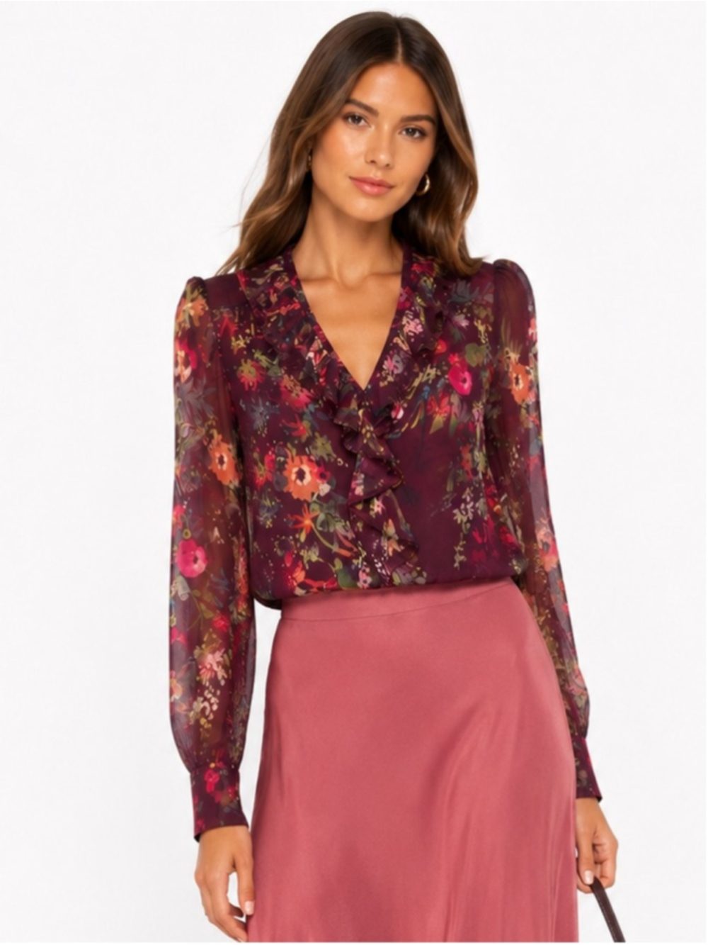 Parker silk blend Floral Burgundy Ruffle V-Neck Blouse top
